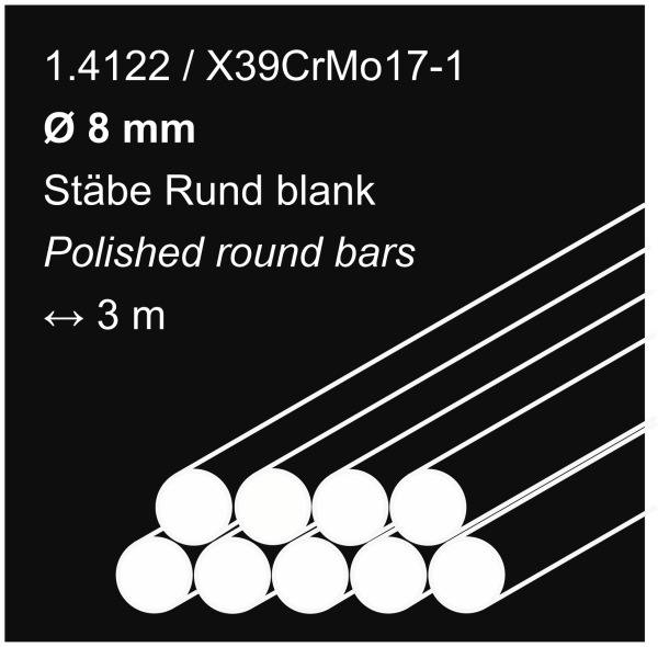 Edelstahlstäbe aus 1.4112, 8 mm Durchmesser, 3000 mm lang, auf sandfarbigem Hintergrund abgebildet